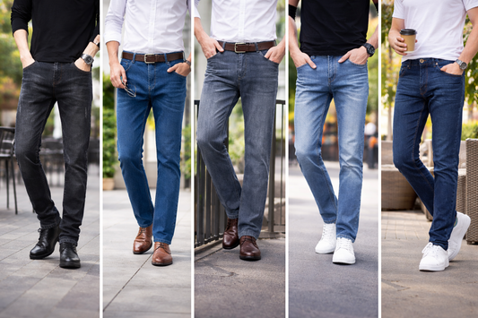 Pack of 5 Men’s Straight Fit Denim Jeans – Export Quality Jeans - Charcoal Black, Classic Blue, Dark Blue, Light Blue & Dark Indigo Blue
