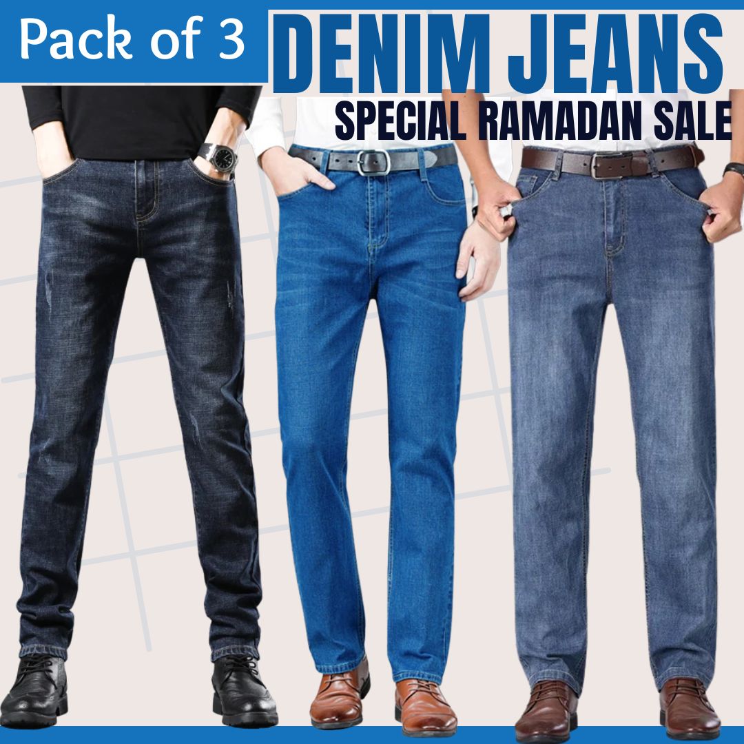 Pack of 3 Men’s Straight Fit Denim Jeans – Export Quality Jeans Classic Blue, Classic Blue & Black