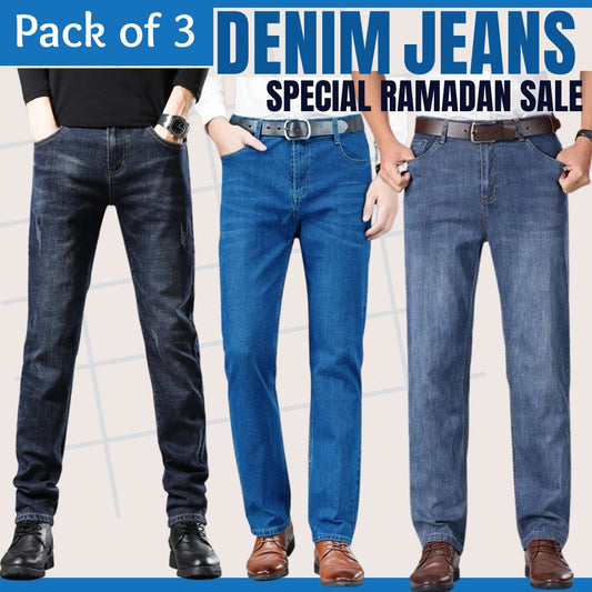 Pack of 3 Men’s Straight Fit Denim Jeans – Export Quality Jeans Classic Blue, Classic Blue & Black