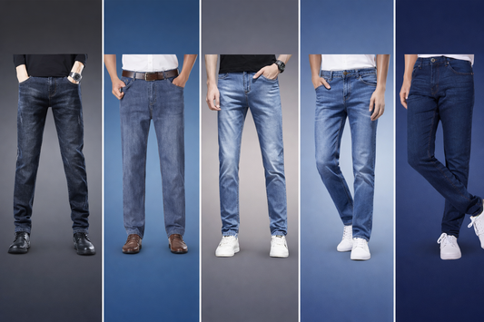Pack of 5 Men’s Straight Fit Denim Jeans – Export Quality Jeans - Charcoal Black, Classic Blue, Dark Blue, Light Blue & Dark Indigo Blue