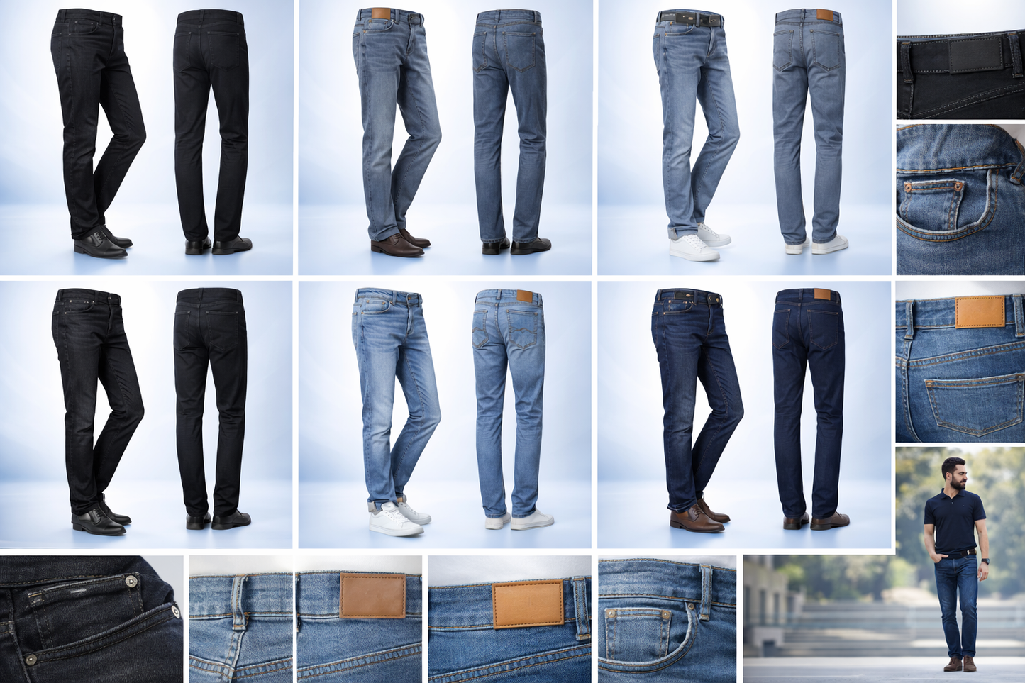 Pack of 5 Men’s Straight Fit Denim Jeans – Export Quality Jeans - Charcoal Black, Classic Blue, Dark Blue, Light Blue & Dark Indigo Blue
